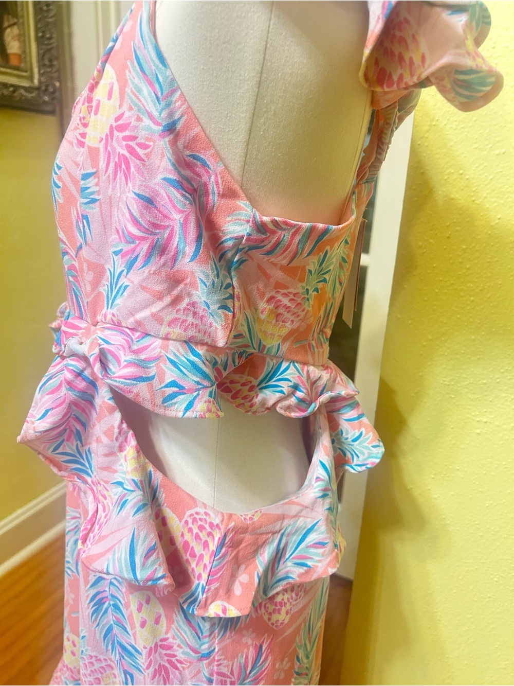 Simply Southern Pink Tropical Print Dress with Blue and Coral Accents - Picture 3 of 6